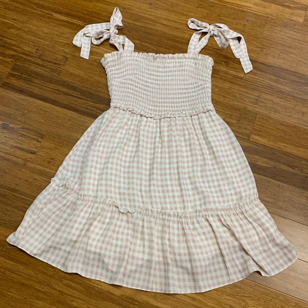 Altar'd State Gingham Smocked Tiered Sundress Tie Strap Pink White Women Size S